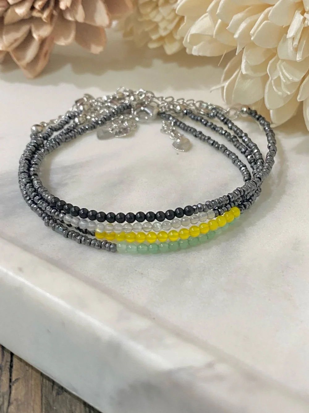 Dainty Chain Bracelet, Tiny Hematite & Onyx beads, 18k Gold Filled Chain